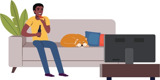 shiba inu illustration sleeping on couch with owner watching tv and eating pizza